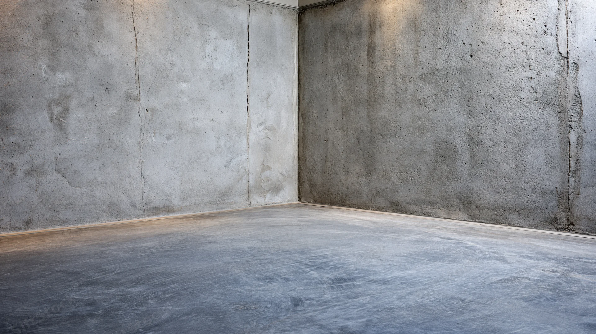 Empty concrete room with polished cement floor and bare walls meeting at corner