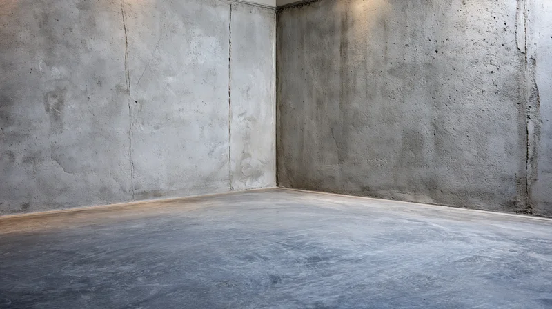 Empty concrete room with polished cement floor and bare walls meeting at corner