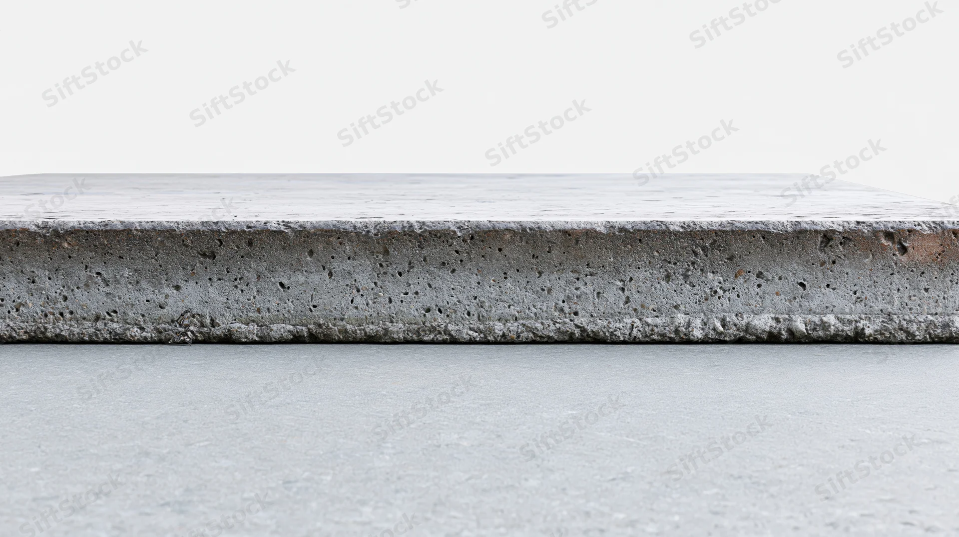 Flat concrete tabletop at eye level with smooth surface and visible edge against neutral background