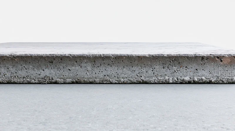 Flat concrete tabletop at eye level with smooth surface and visible edge against neutral background