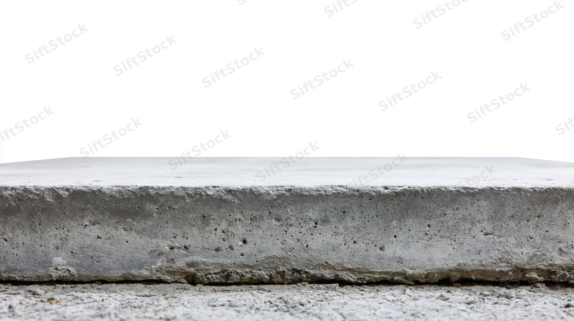 Flat concrete surface at eye level with textured edge and white background
