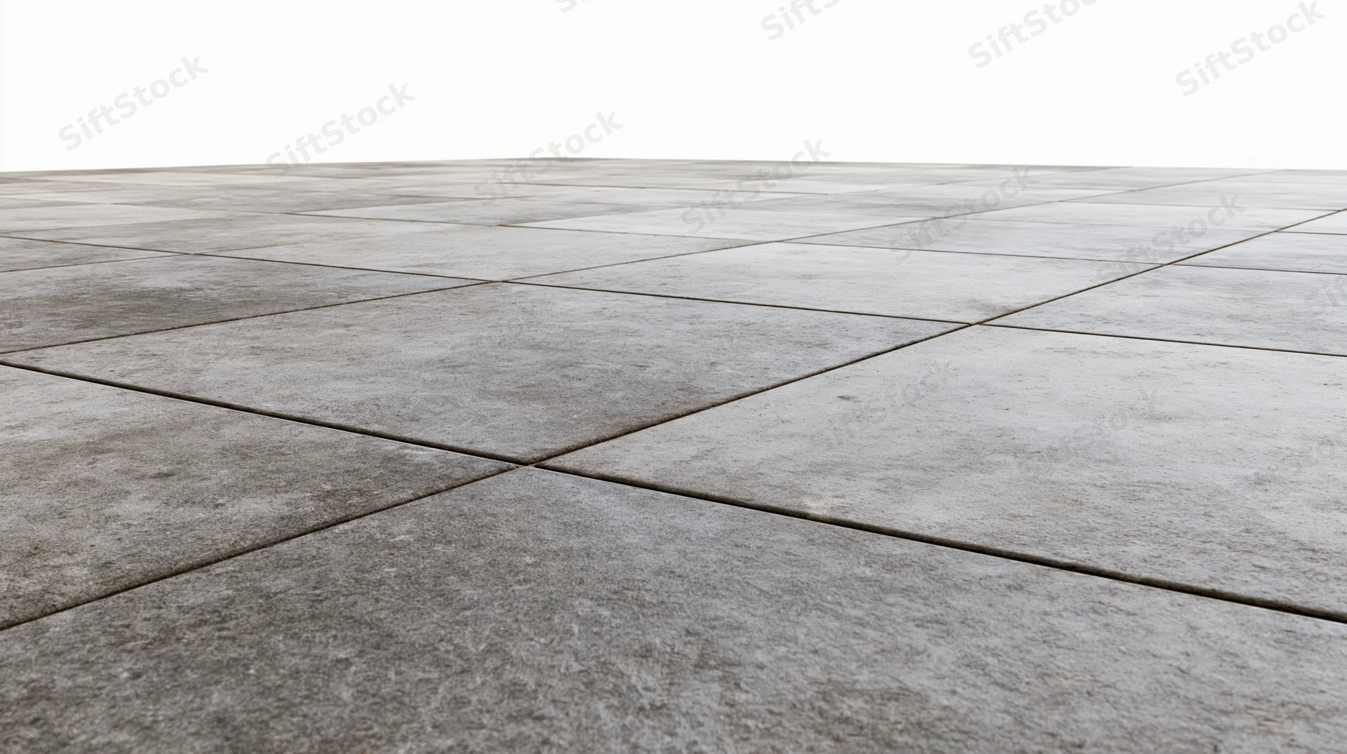 Concrete tile floor receding into perspective with white background
