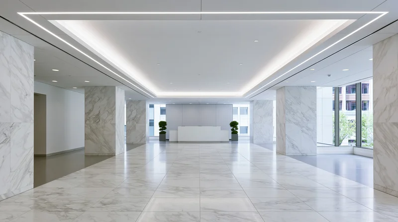 Symmetrical corporate lobby with marble floors and white ceiling lights
