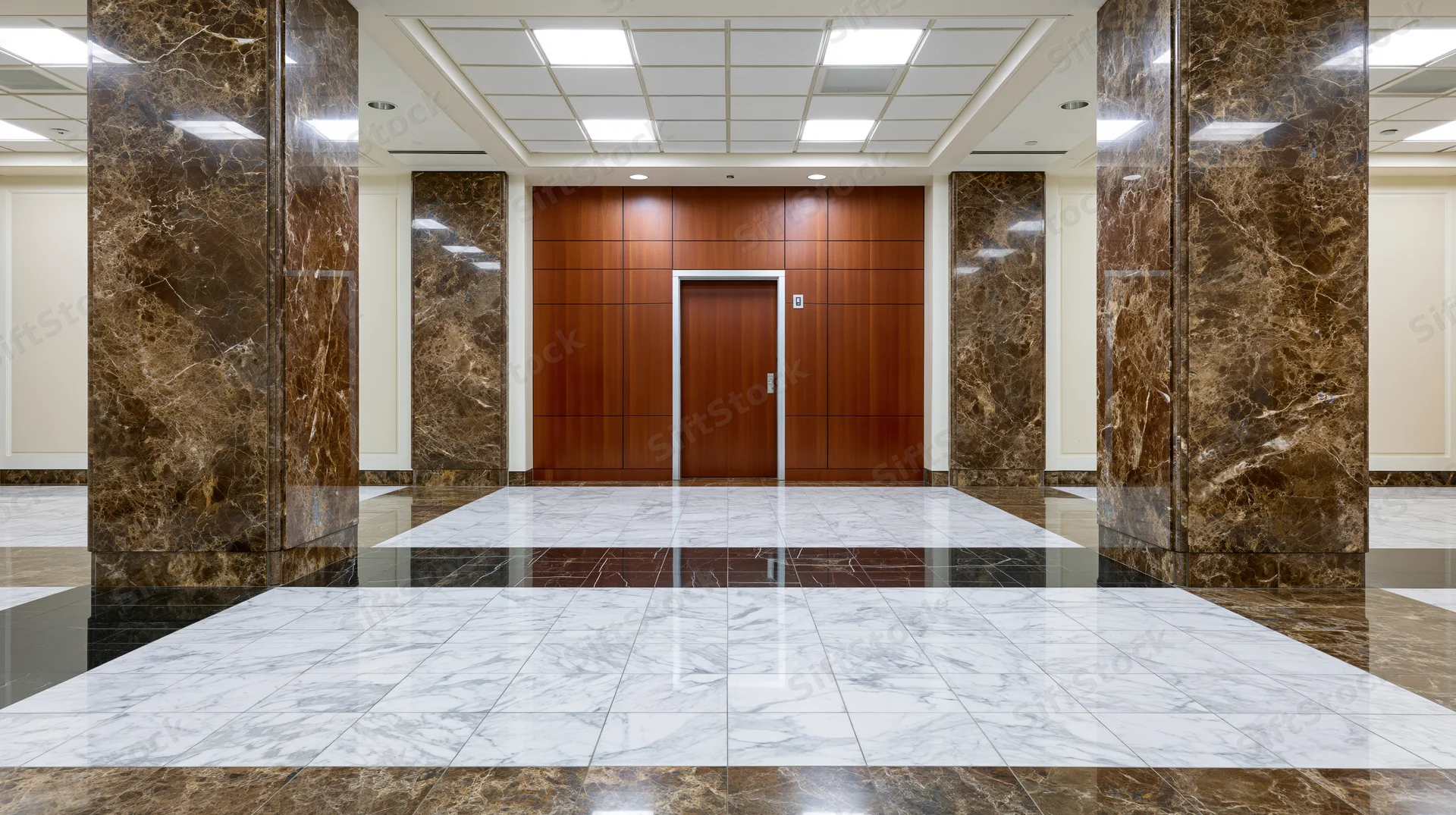 Symmetrical corporate office lobby with marble floor and wooden elevator doors