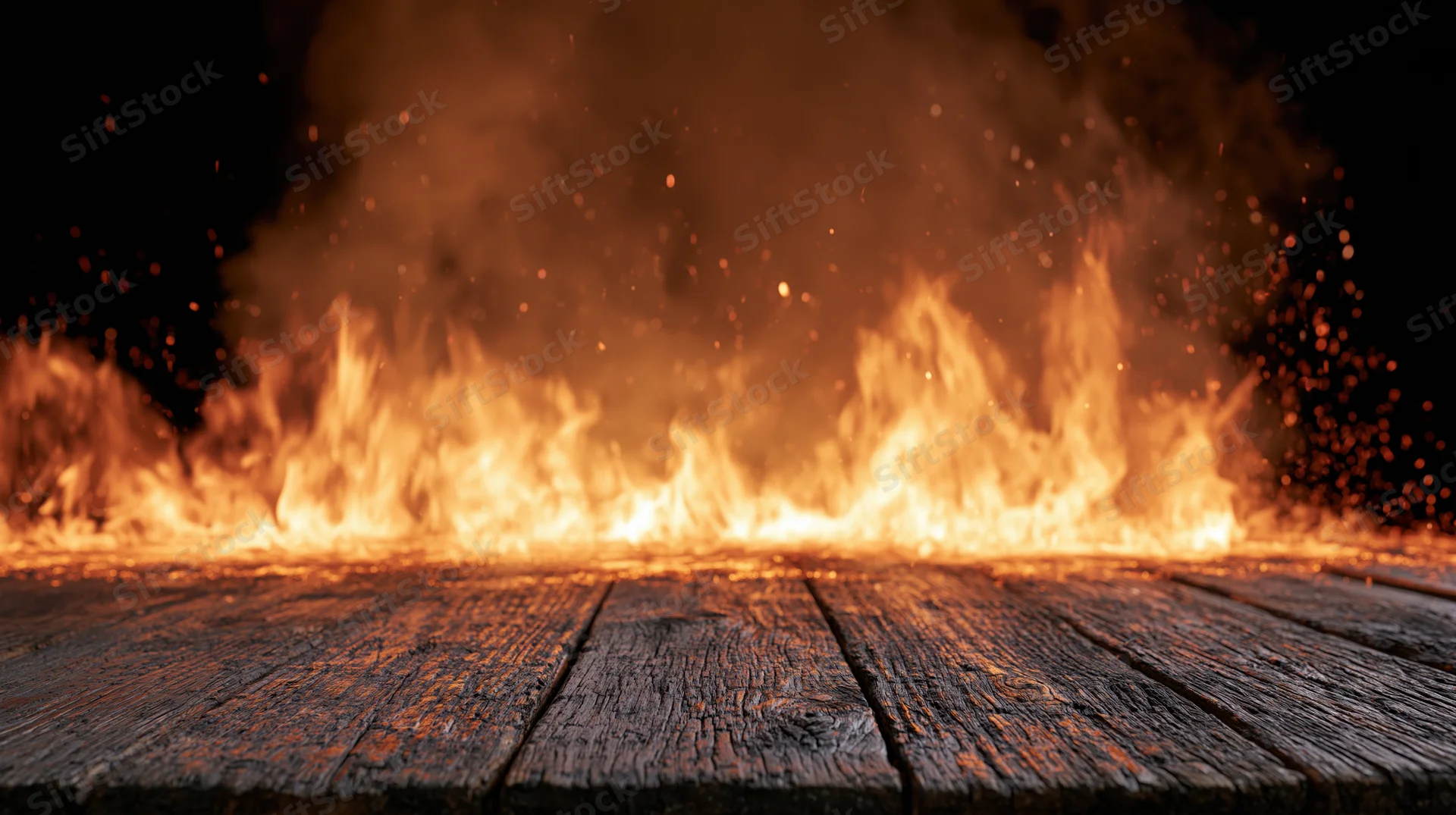 Flames burning intensely behind a dark wooden plank surface with sparks and smoke
