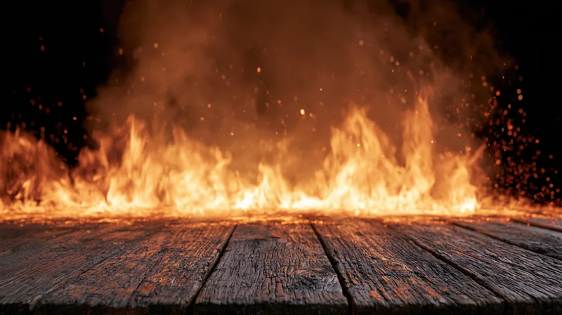 Flames burning intensely behind a dark wooden plank surface with sparks and smoke