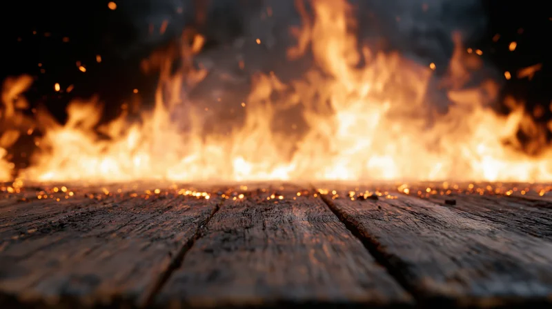Intense flames burning behind a dark wooden plank surface at night
