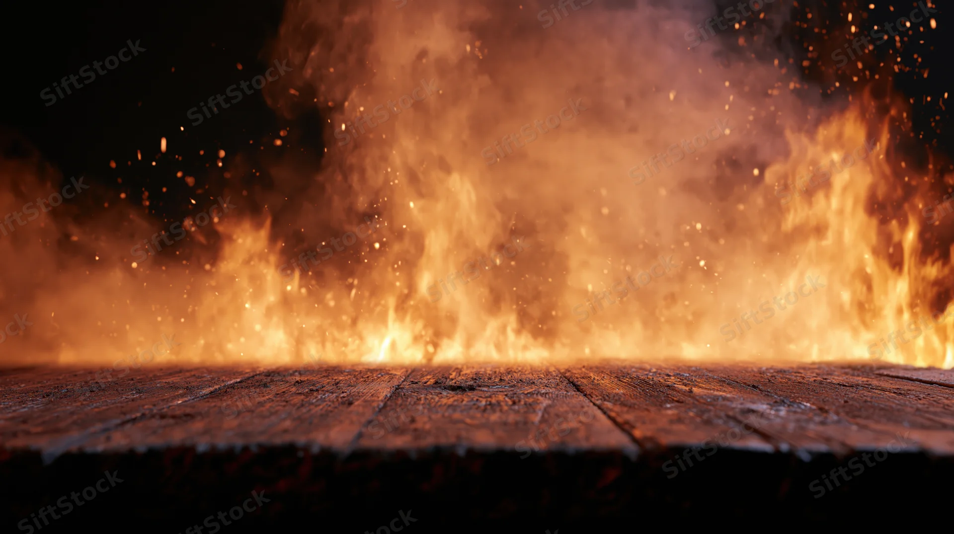 Intense flames burning along dark wooden plank surface at night with smoke and sparks rising