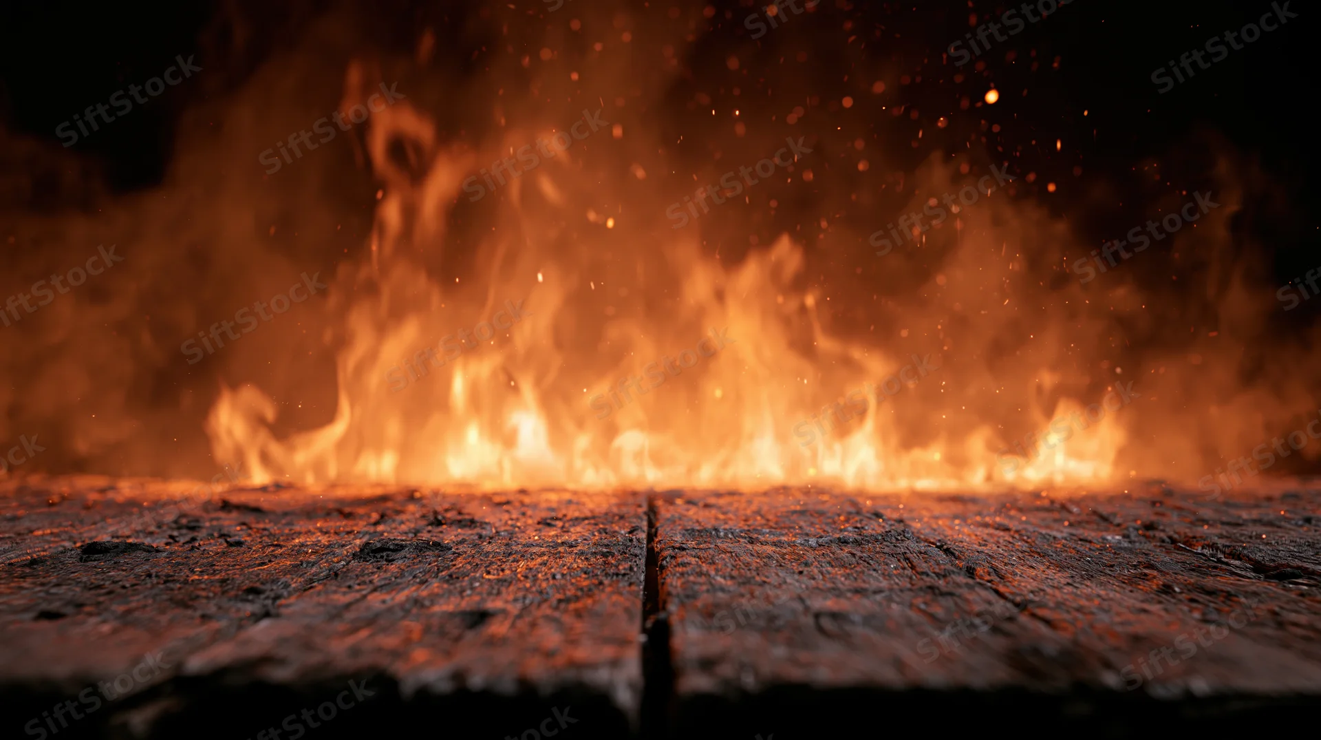 Flames burning intensely along a dark wooden plank surface