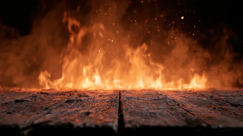 Flames burning intensely along a dark wooden plank surface