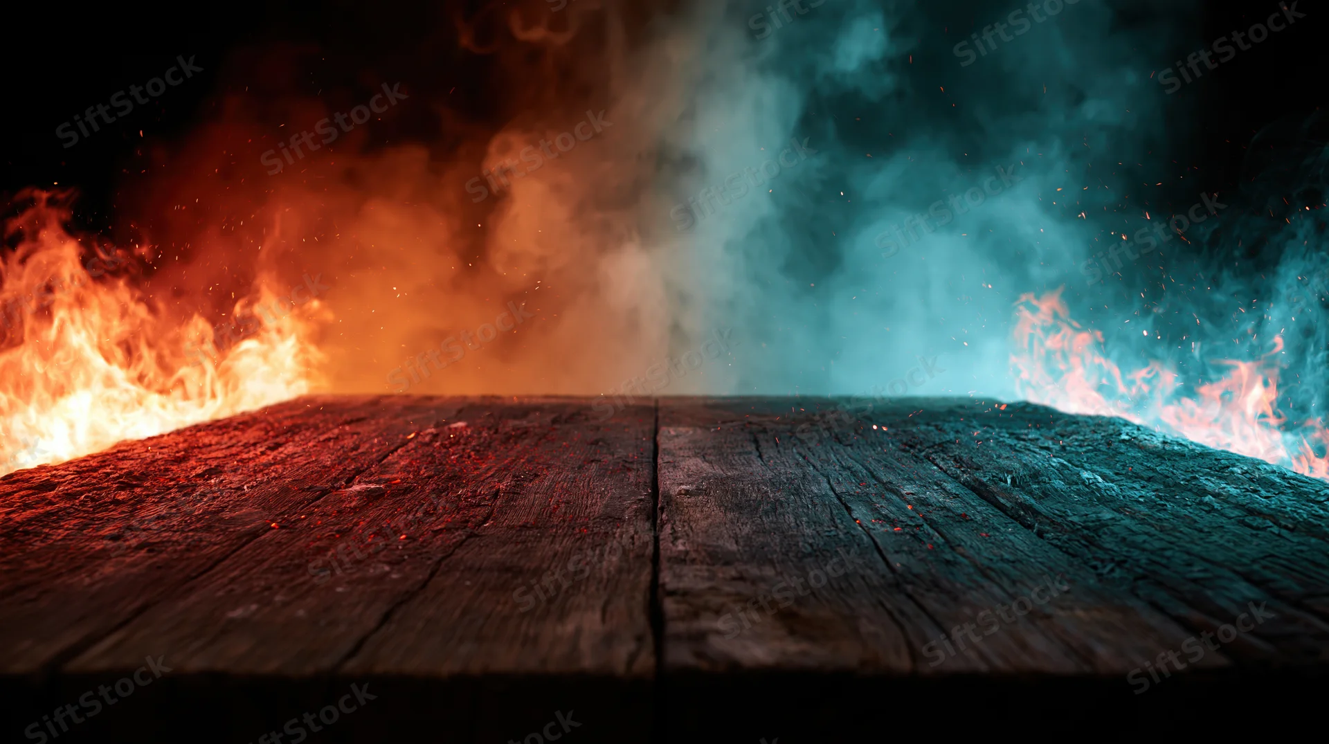 Dark wooden plank surface with fire and smoke on left and right sides, low table-level view