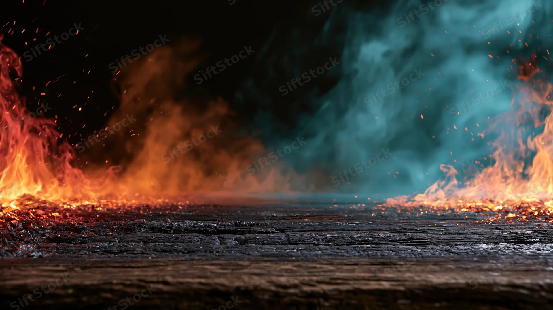 Flames and smoke rising from a dark wooden plank surface at low angle