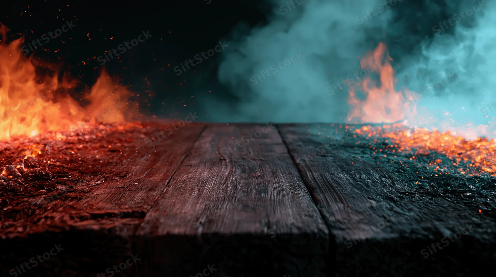Dark wooden plank surface with fire and smoke at low angle