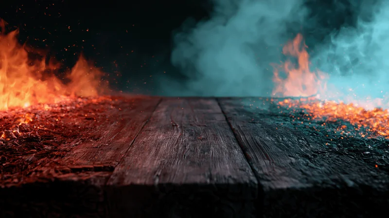Dark wooden plank surface with fire and smoke at low angle