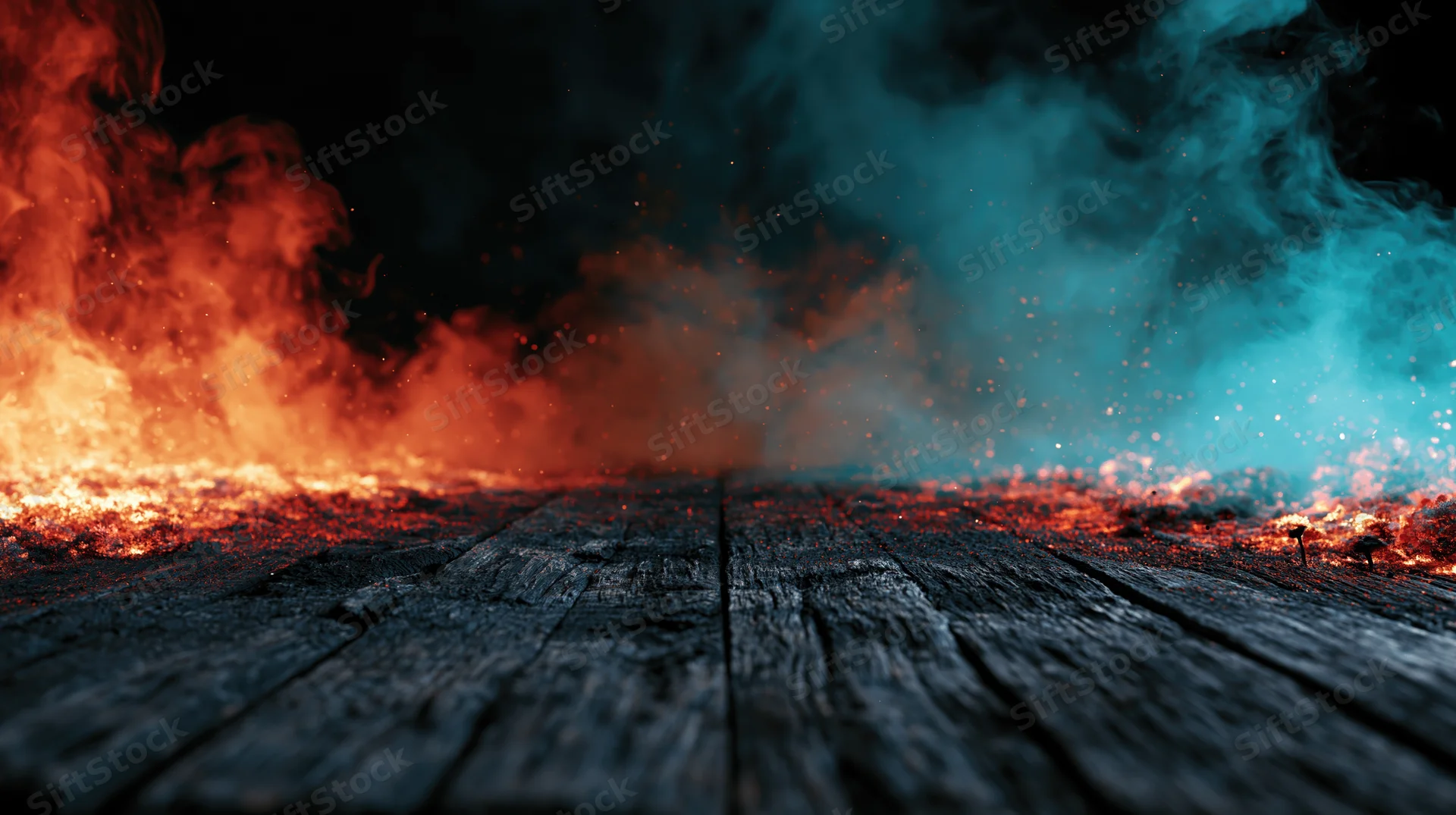 Dark wooden plank surface with red and blue flames and smoke rising from edges, low-angle view