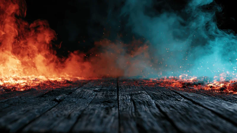 Dark wooden plank surface with red and blue flames and smoke rising from edges, low-angle view