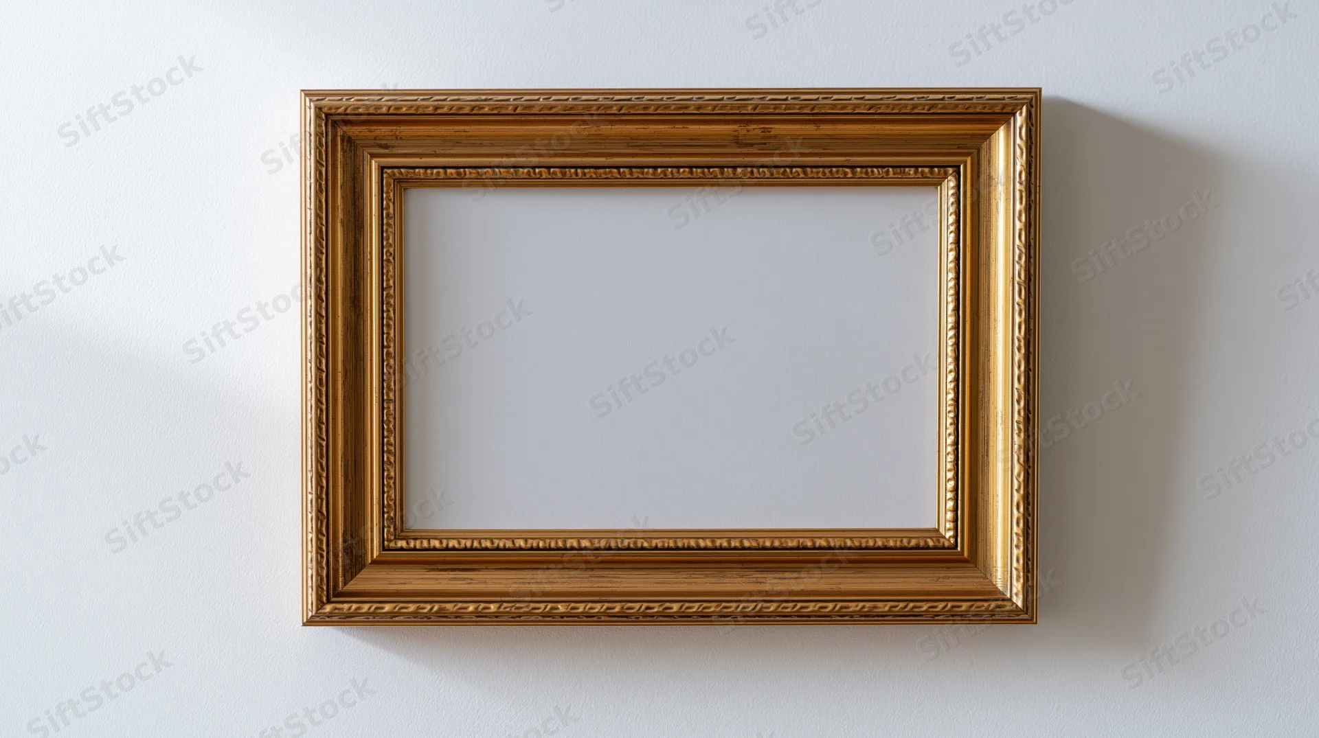 Ornate gold picture frame with detailed molding mounted on white wall