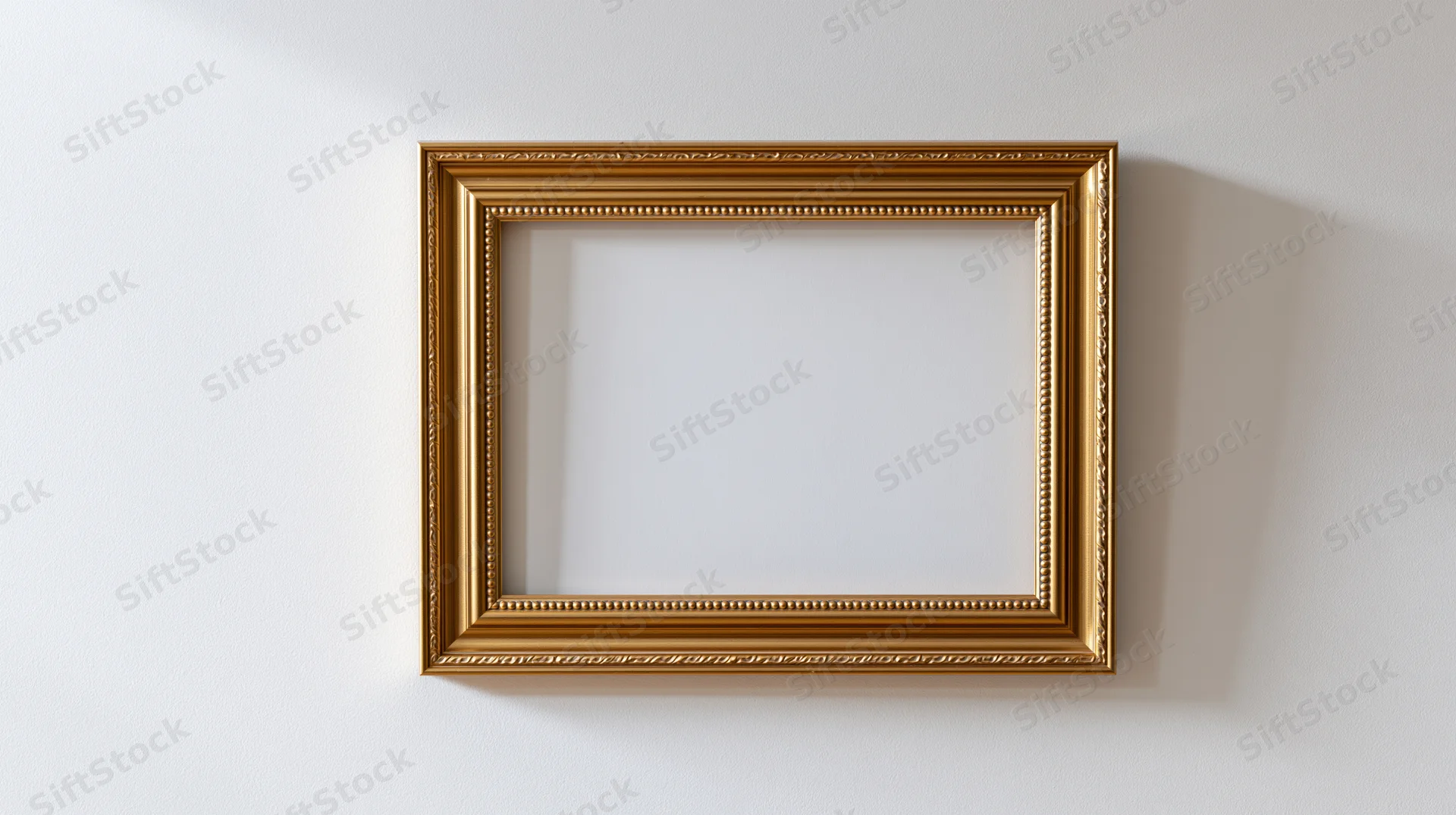 Ornate gold picture frame hanging on a white wall with copyspace
