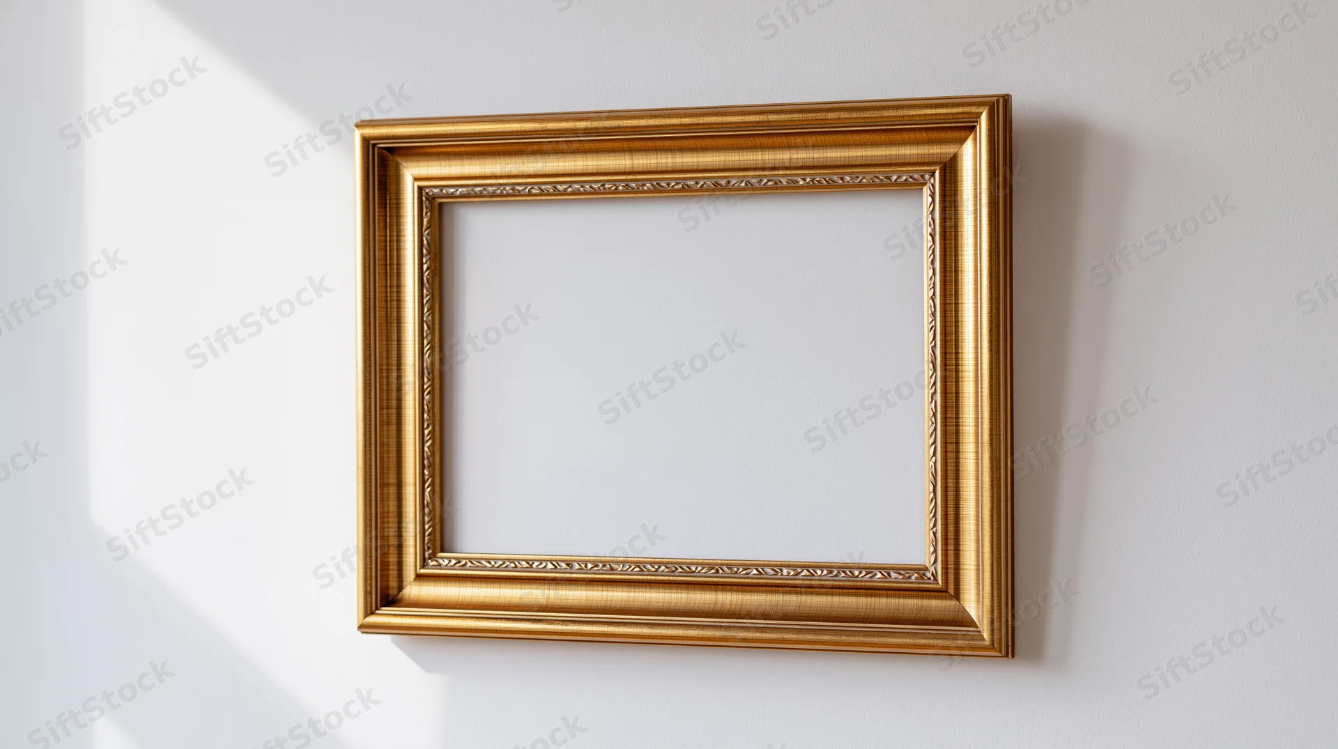 Ornate gold picture frame hanging on a white wall with light and shadow
