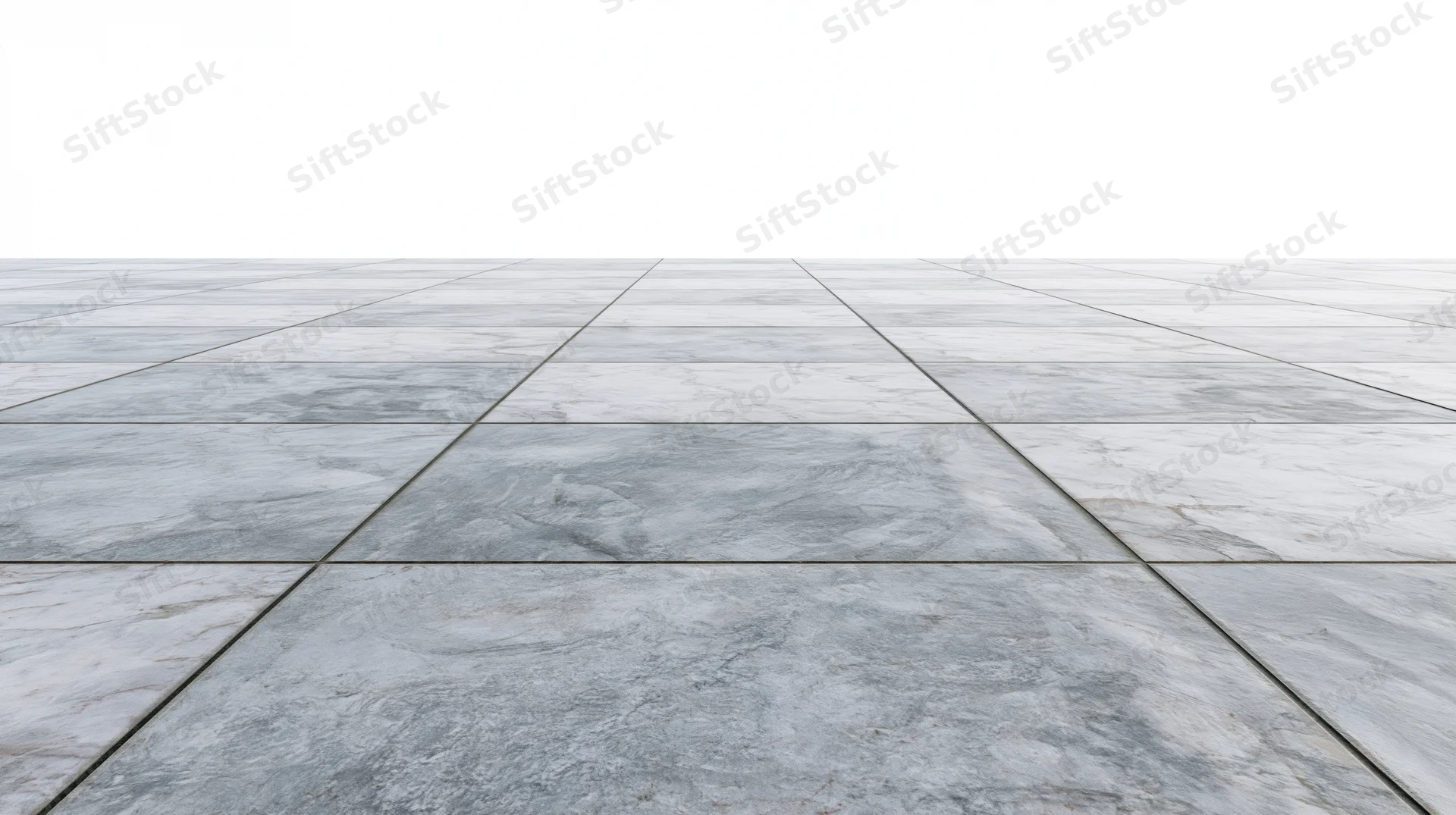 Grey marble tile floor receding into the distance with white background