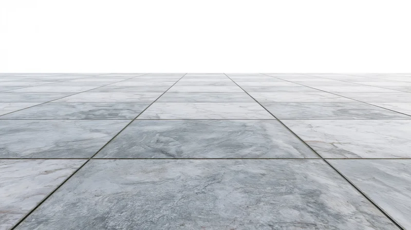 Grey marble tile floor receding into the distance with white background