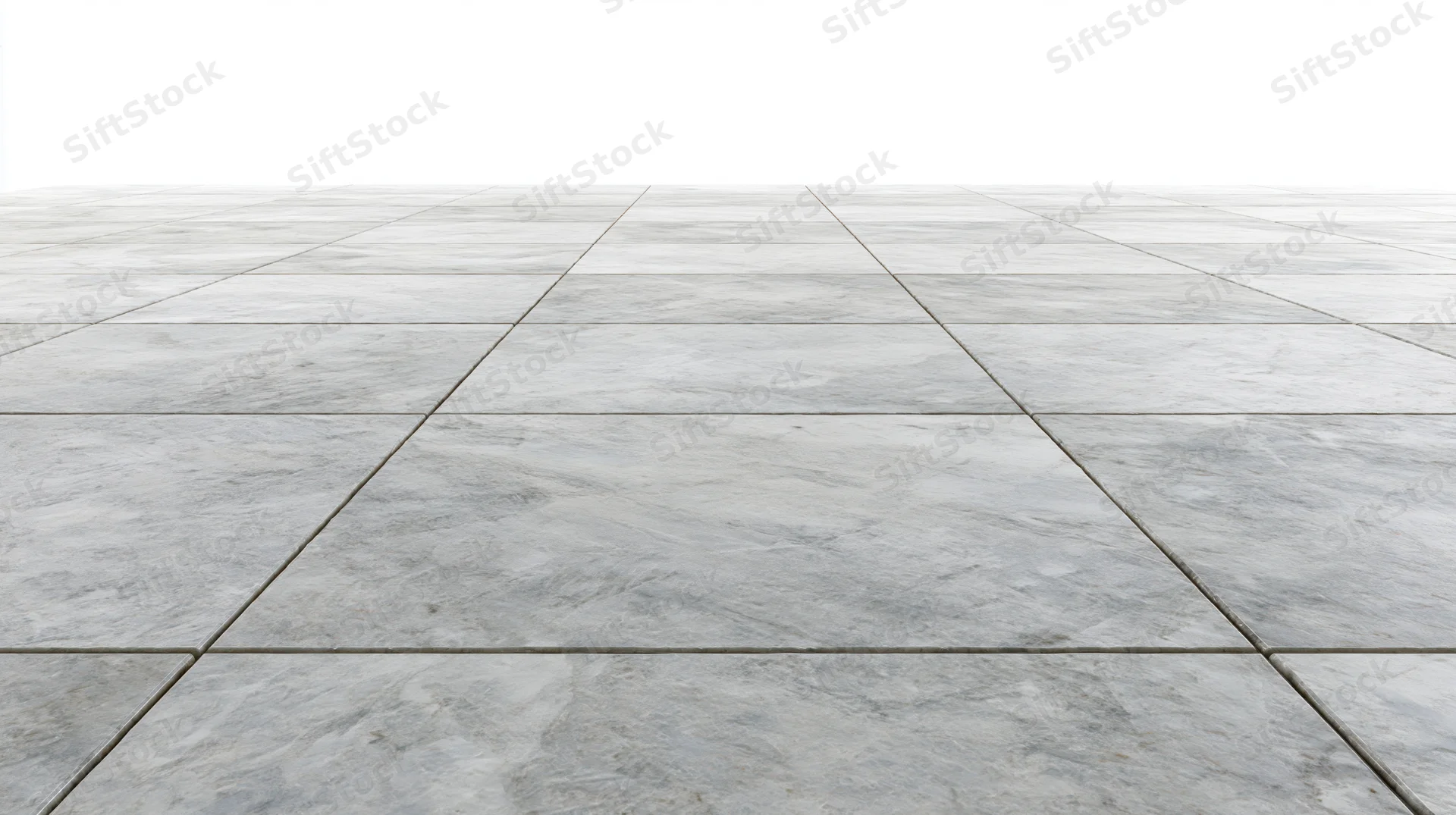 Grey marble tile floor receding into the distance with white background
