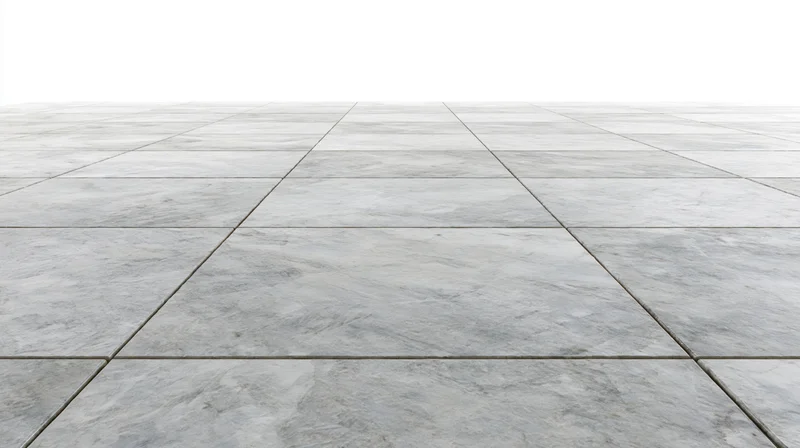 Grey marble tile floor receding into the distance with white background