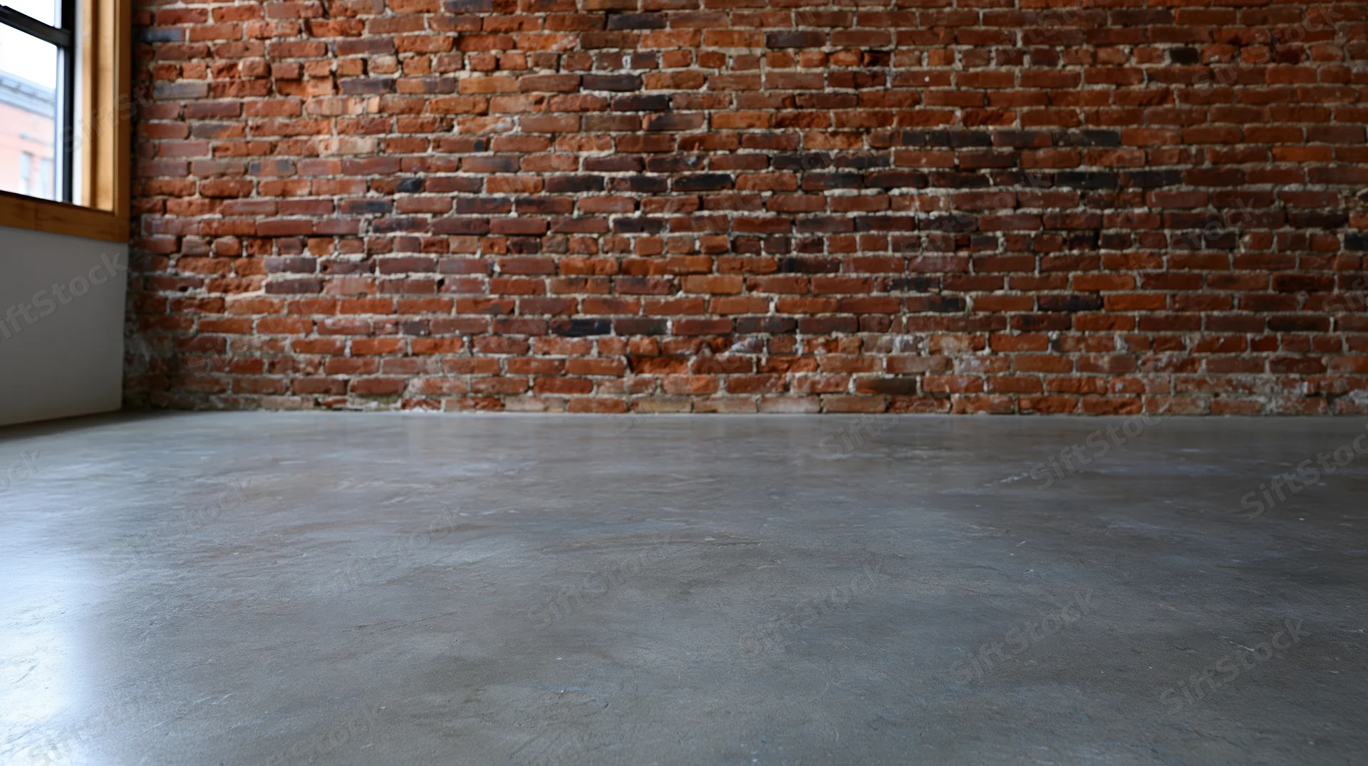 Empty industrial loft interior with exposed red brick wall and polished concrete floor near window