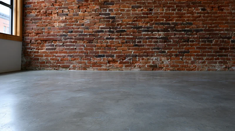 Empty industrial loft interior with exposed red brick wall and polished concrete floor near window