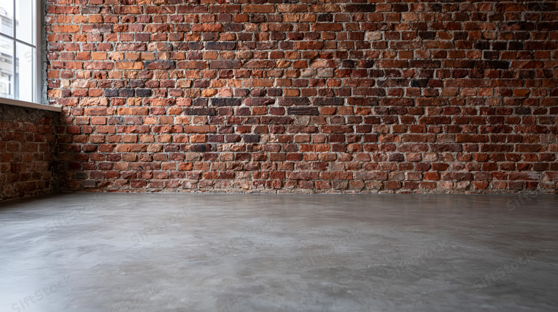 Empty industrial loft interior with exposed red brick wall and concrete floor near window
