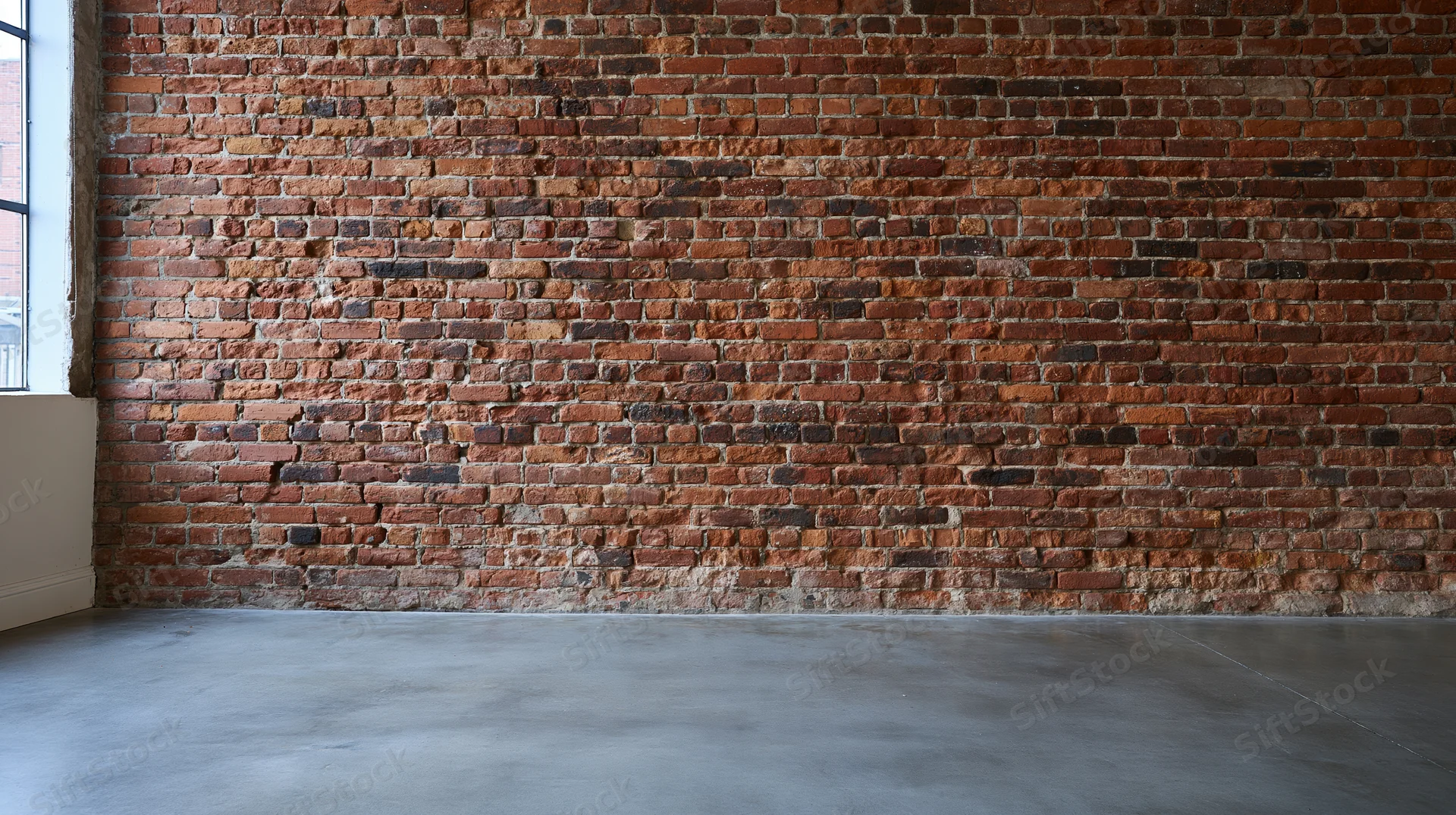 Empty industrial loft interior with exposed red brick wall and concrete floor
