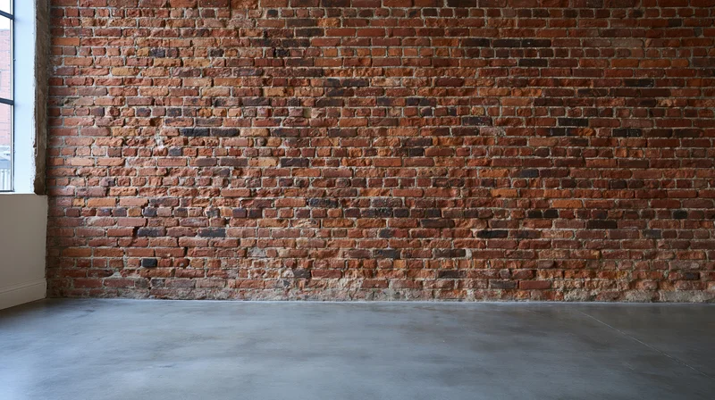 Empty industrial loft interior with exposed red brick wall and concrete floor