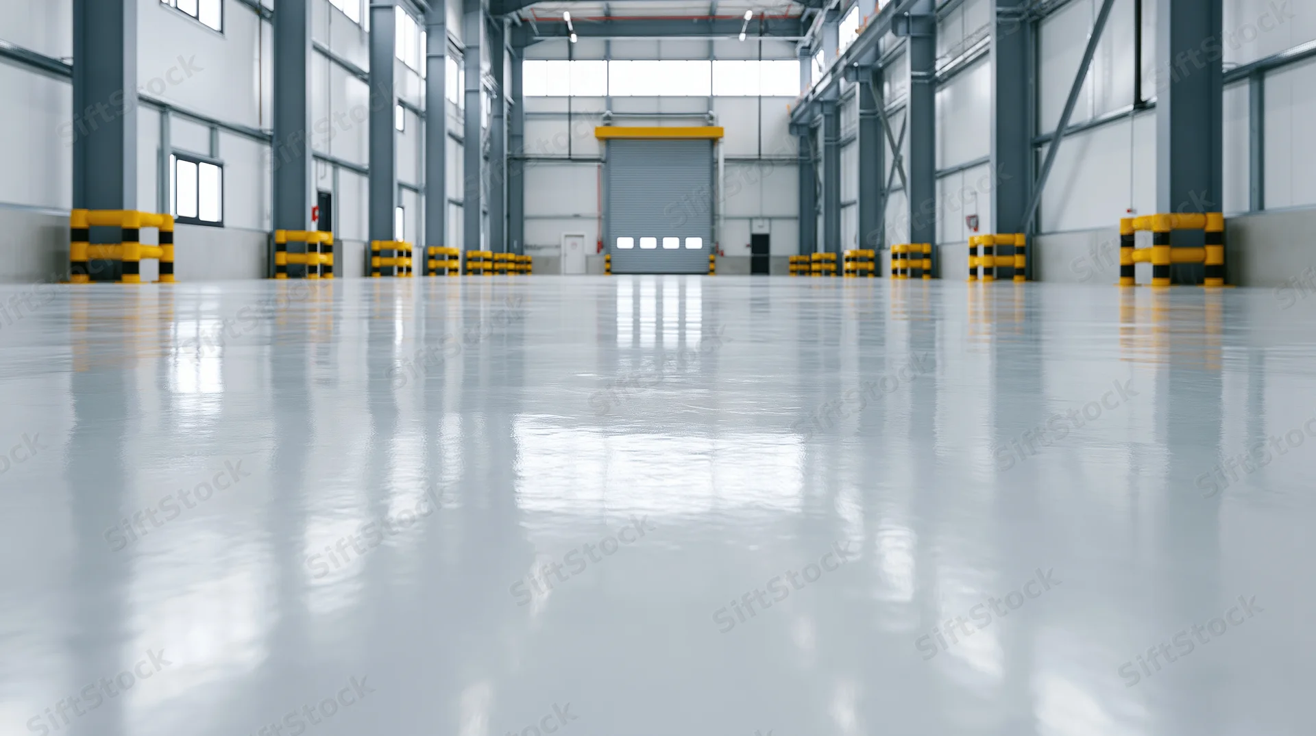 Low-angle view of empty industrial warehouse interior with polished concrete floor and structural columns