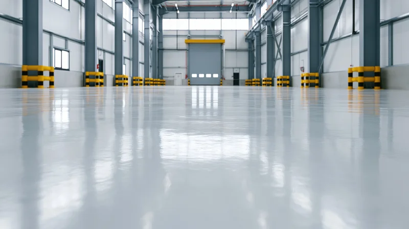 Low-angle view of empty industrial warehouse interior with polished concrete floor and structural columns