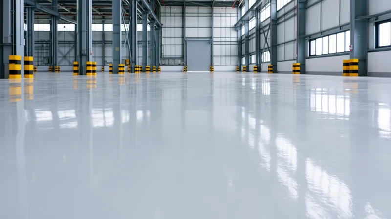 Low-angle view of empty industrial warehouse interior with polished reflective floor and steel support columns