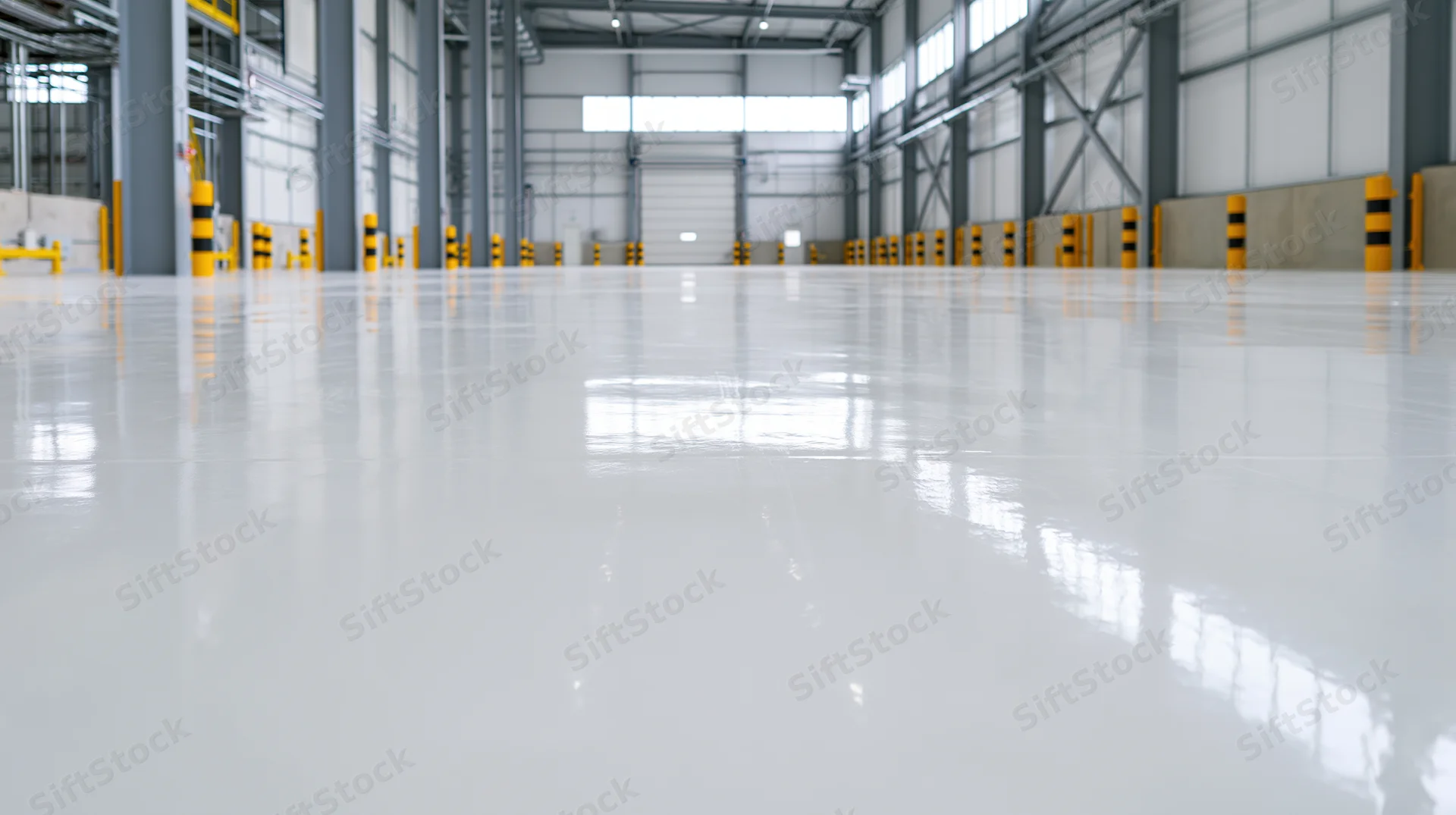 Low-angle view of empty industrial warehouse interior with polished white floor and structural columns
