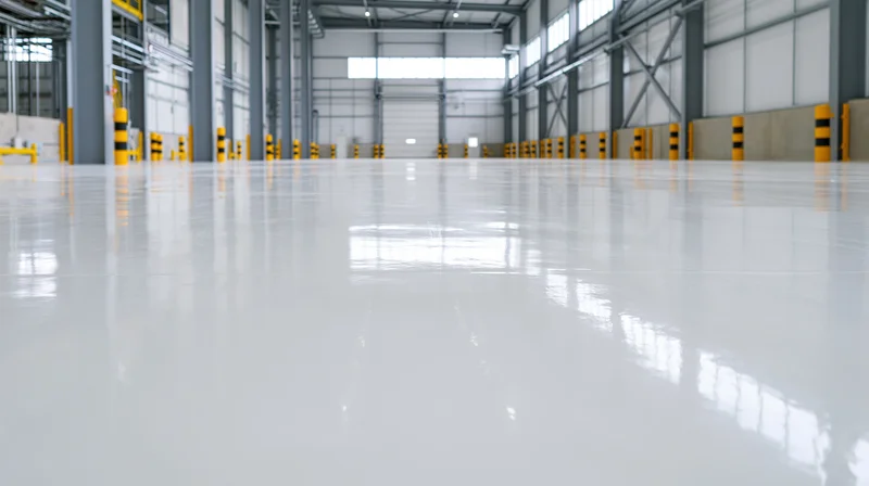 Low-angle view of empty industrial warehouse interior with polished white floor and structural columns