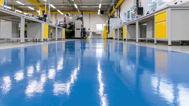Empty industrial workshop interior with glossy blue epoxy-coated floor and yellow workbenches under fluorescent lighting