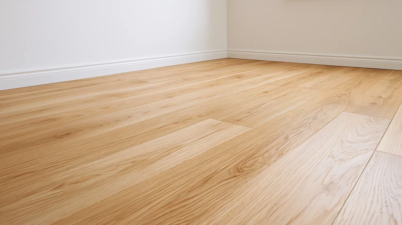 Light oak hardwood floor in empty room corner with white walls and baseboard