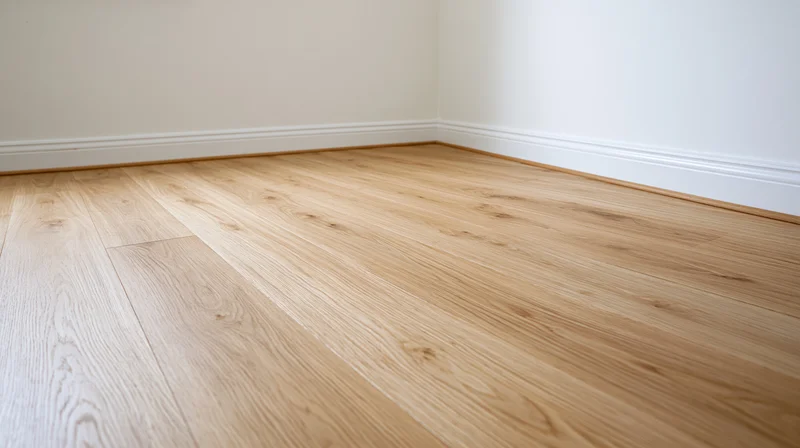 Empty room corner with light oak hardwood flooring and white walls