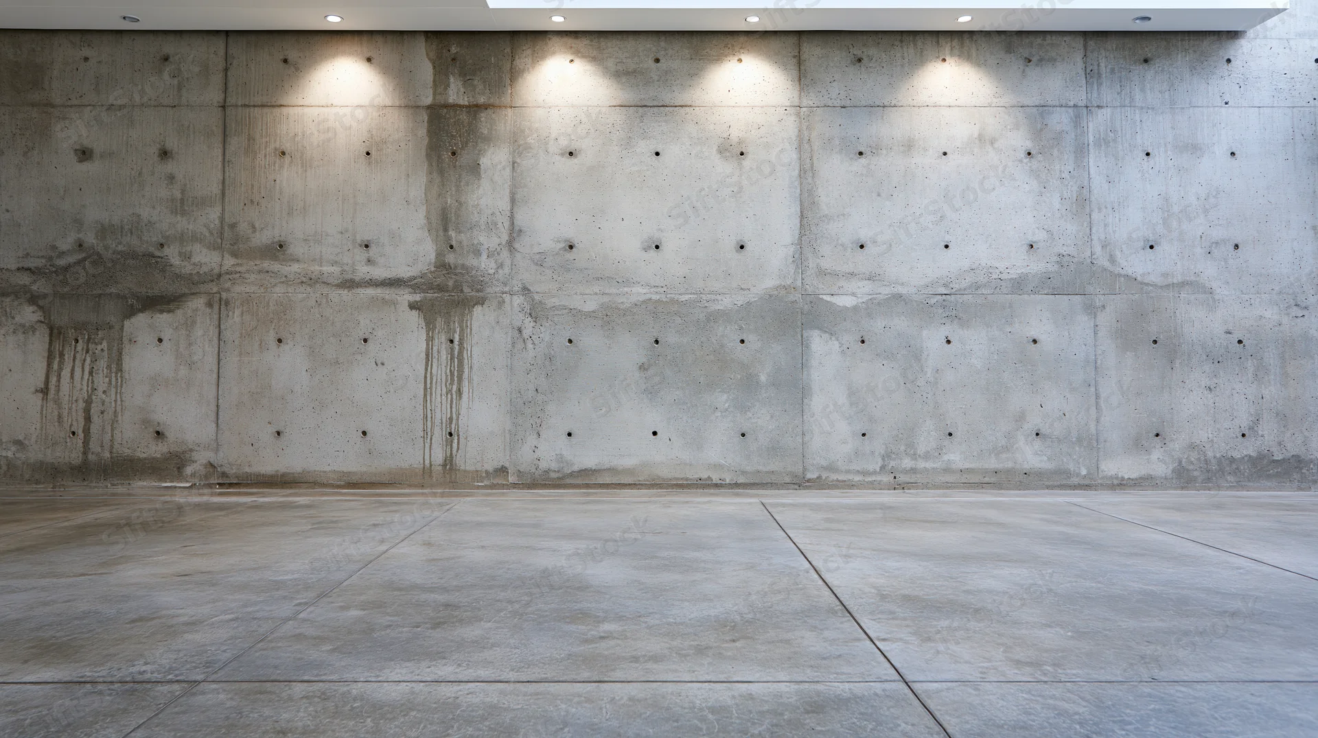 Empty interior room with a large board-formed concrete wall and recessed ceiling lights