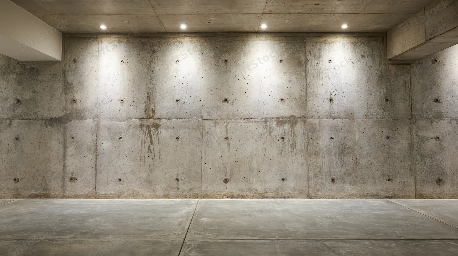 Empty industrial interior with board-formed concrete wall and recessed lighting