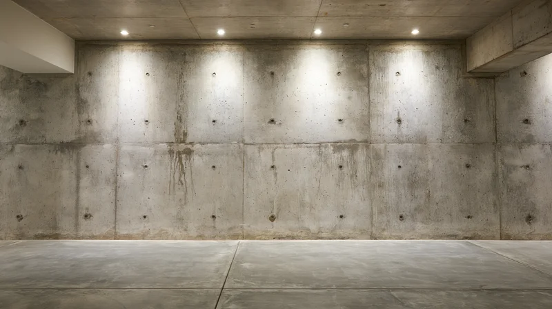 Empty industrial interior with board-formed concrete wall and recessed lighting