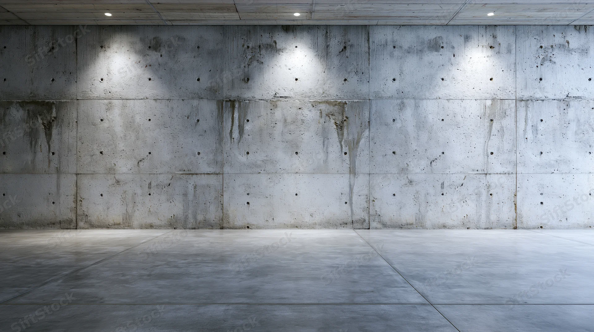 Empty industrial room with large board-formed concrete wall and ceiling, illuminated by spotlights, featuring gray floor and exposed concrete surfaces