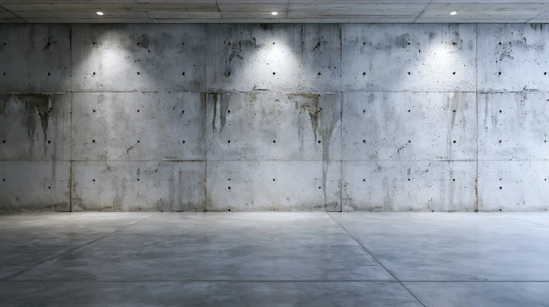 Empty industrial room with large board-formed concrete wall and ceiling, illuminated by spotlights, featuring gray floor and exposed concrete surfaces