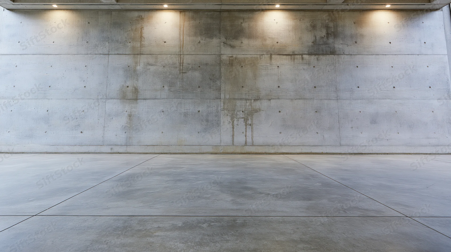 Empty interior room with large board-formed concrete wall and floor under ceiling spotlights