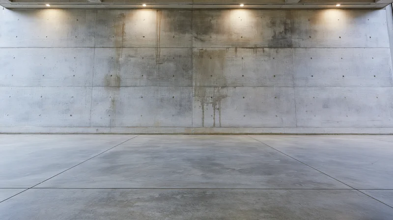 Empty interior room with large board-formed concrete wall and floor under ceiling spotlights