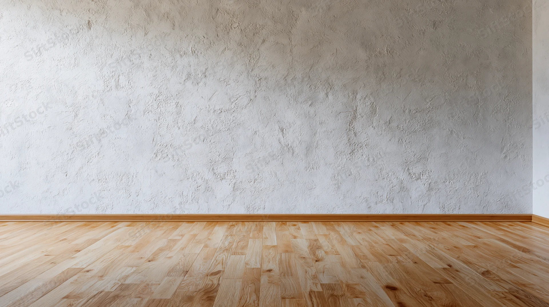 Empty room with textured plaster wall and wooden floor, interior space
