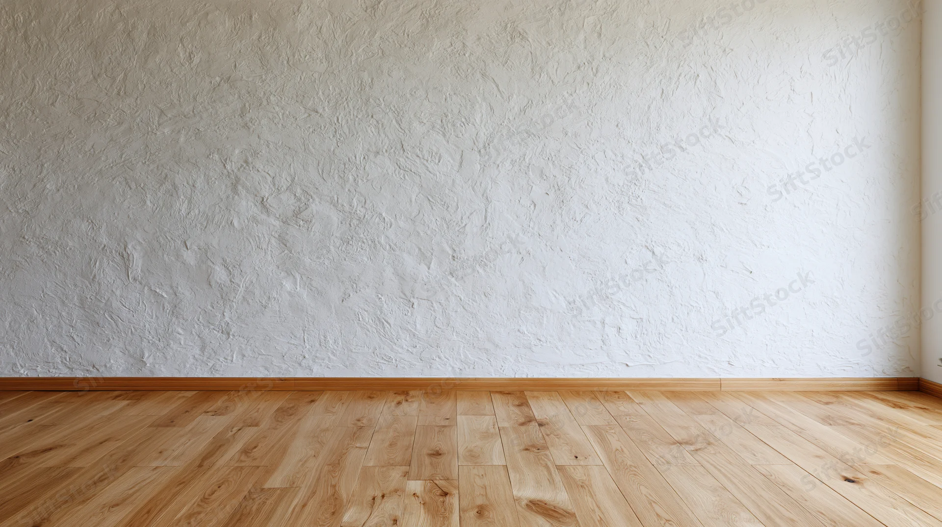 Empty room with textured white plaster wall and light wood flooring
