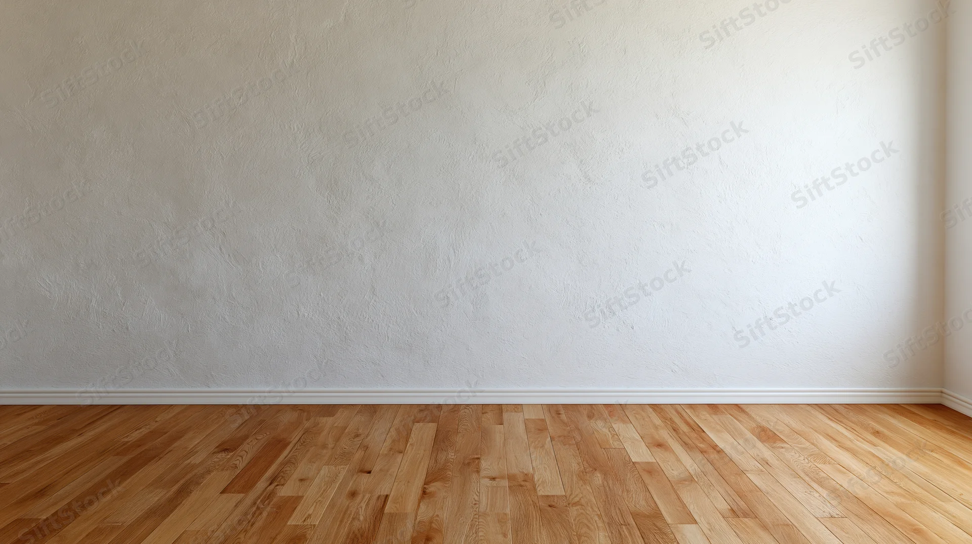 Empty interior room with textured plaster wall and hardwood floor
